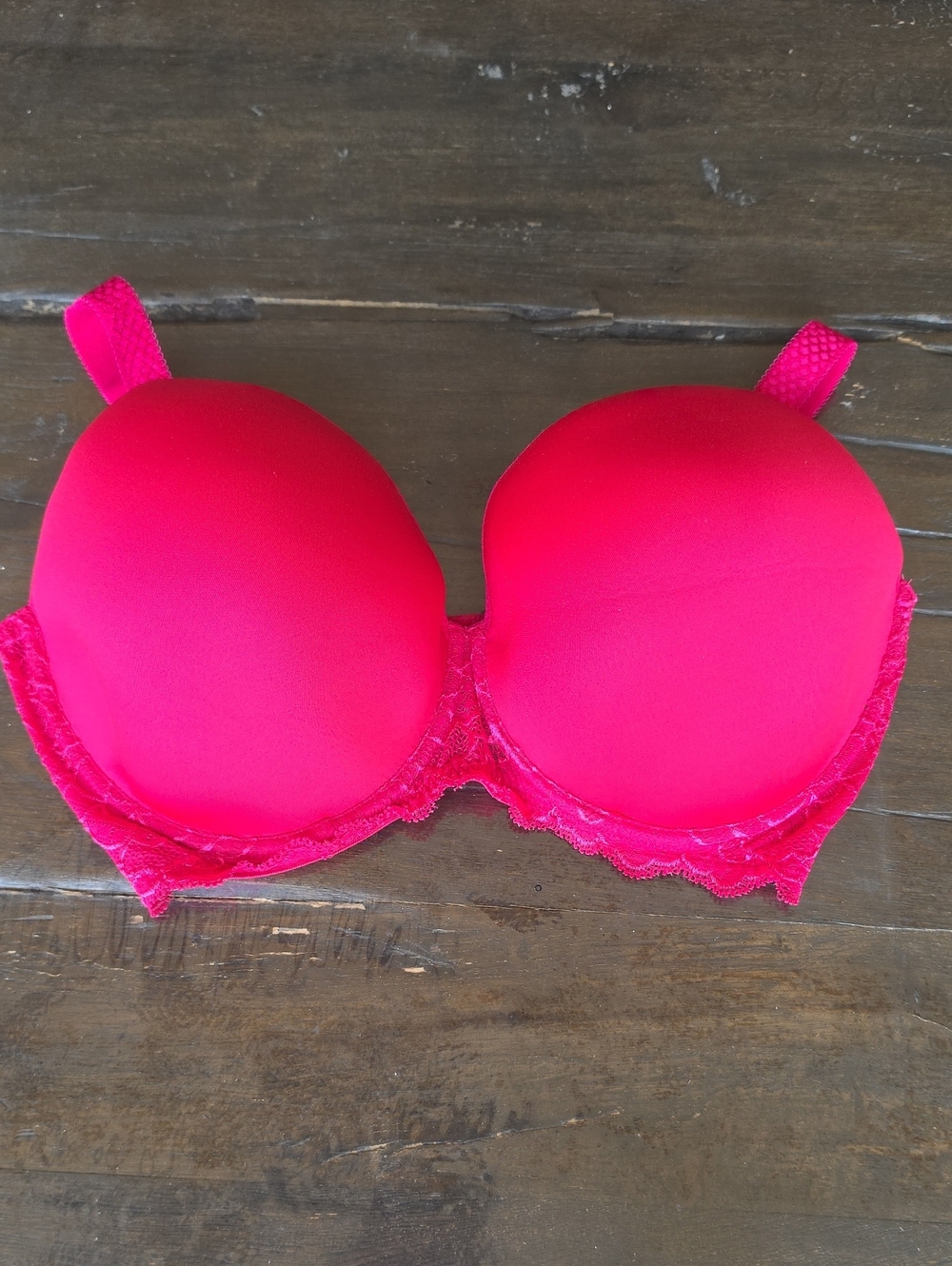 (34F) Women's Padded Lace-Trim Bra - Hot Pink Underwire Supportive Mermaidcore